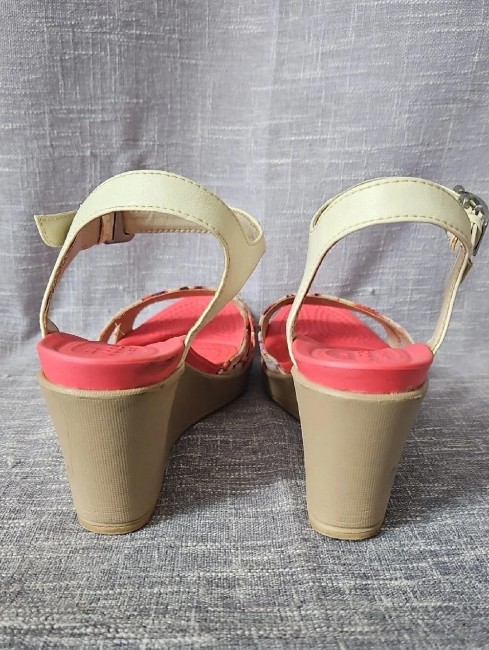 CROCS Pink Floral Wedge Sandals with Cream Ankle Strap